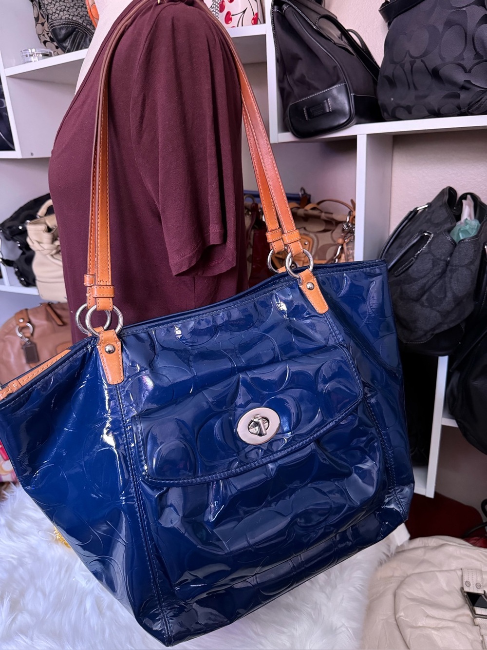 Coach Navy Patent Leather Tote with Saddle Trim